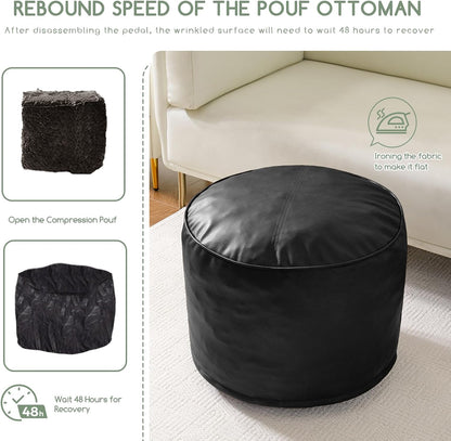 HIGOGOGO Round Stuffed Pouf Ottoman, Pu Leather Poufs with Foam Chunk Filling, Furry and Fluffy Pouf Foot Stool Storage Ottoman, 20 X 15 Floor Poufs Foot Rest for Living Room,Dark Brown
