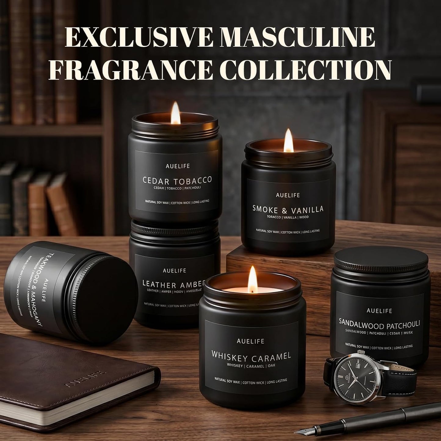 Scented Candles Set | Men Candle Set, Scented Candles for Home, Gifts for Men Aromatherapy Gift Set - 4 Pack Manly Gifts for Dad Fathers Day, Soy Candle of Leather/Smoke & Vanilla/Oak/Lavender