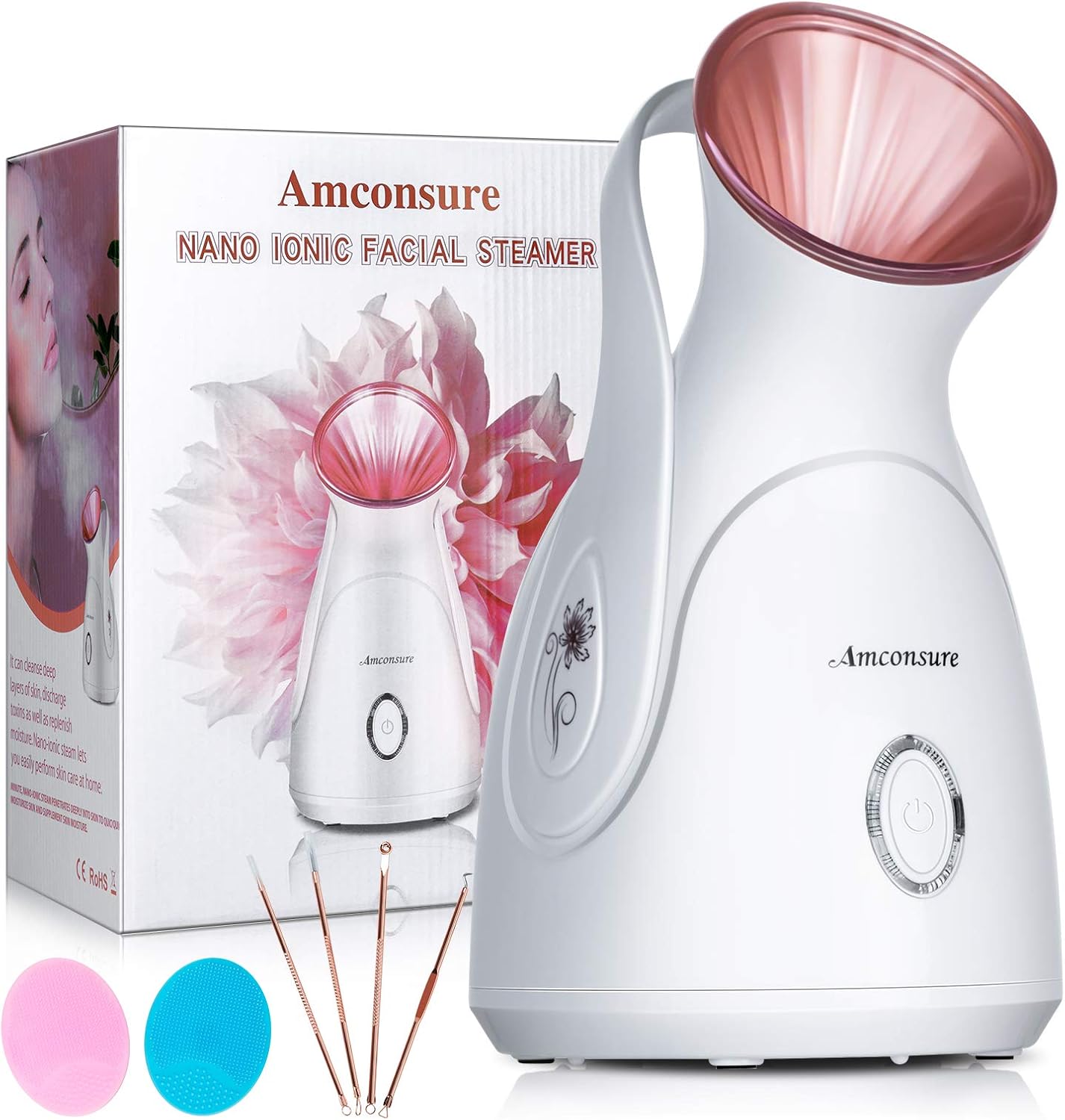 Amconsure Facial Steamer - Nano Ionic Face Steamer Warm Mist Steamer for Home Sauna SPA, Humidifier for Face Steamer for Deep Cleaning Unclogs Pores Sinuses - Bonus 5 Piece Stainless Steel Skin Kit