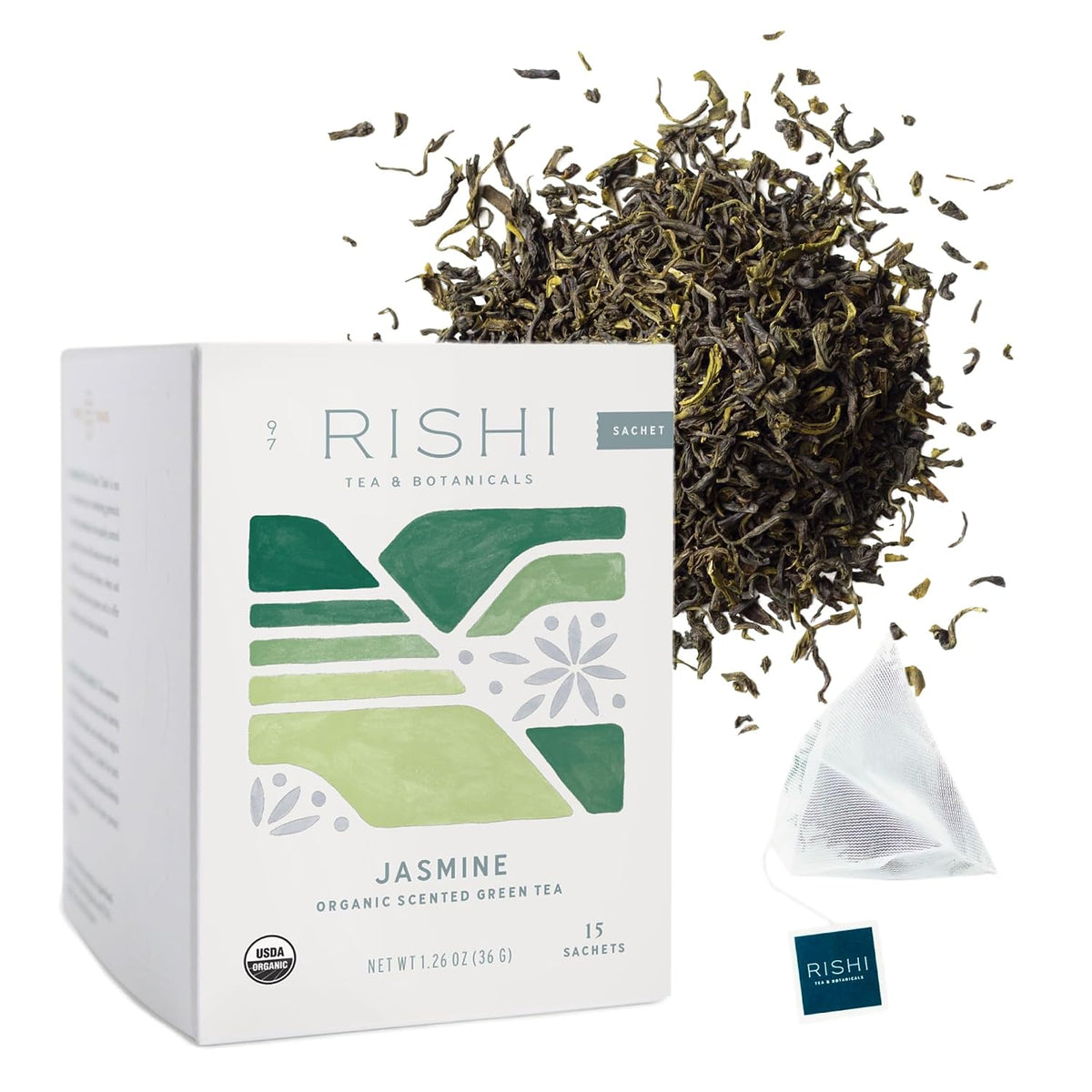 Rishi Tea Jasmine Organic Chinese Green Sachet Tea Bags, Caffeinated, 15ct