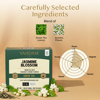 VAHDAM, Jasmine Green Tea Bags (100 Count) Med Caffeine, Non GMO | High Grown Green Tea Blended w/Pure Jasmine Flowers | Resealable Ziplock Pouch