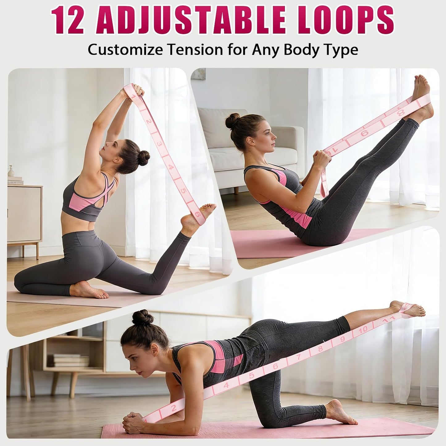 KUZARO Fitness Resistance Bands with 12 Loops, Numbered Resistance Bands for Physical Therapy, Women Stretch Strap for Home Gym, Elastic Exercise Bands for Yoga, Pilates, Leg Stretching, Dance