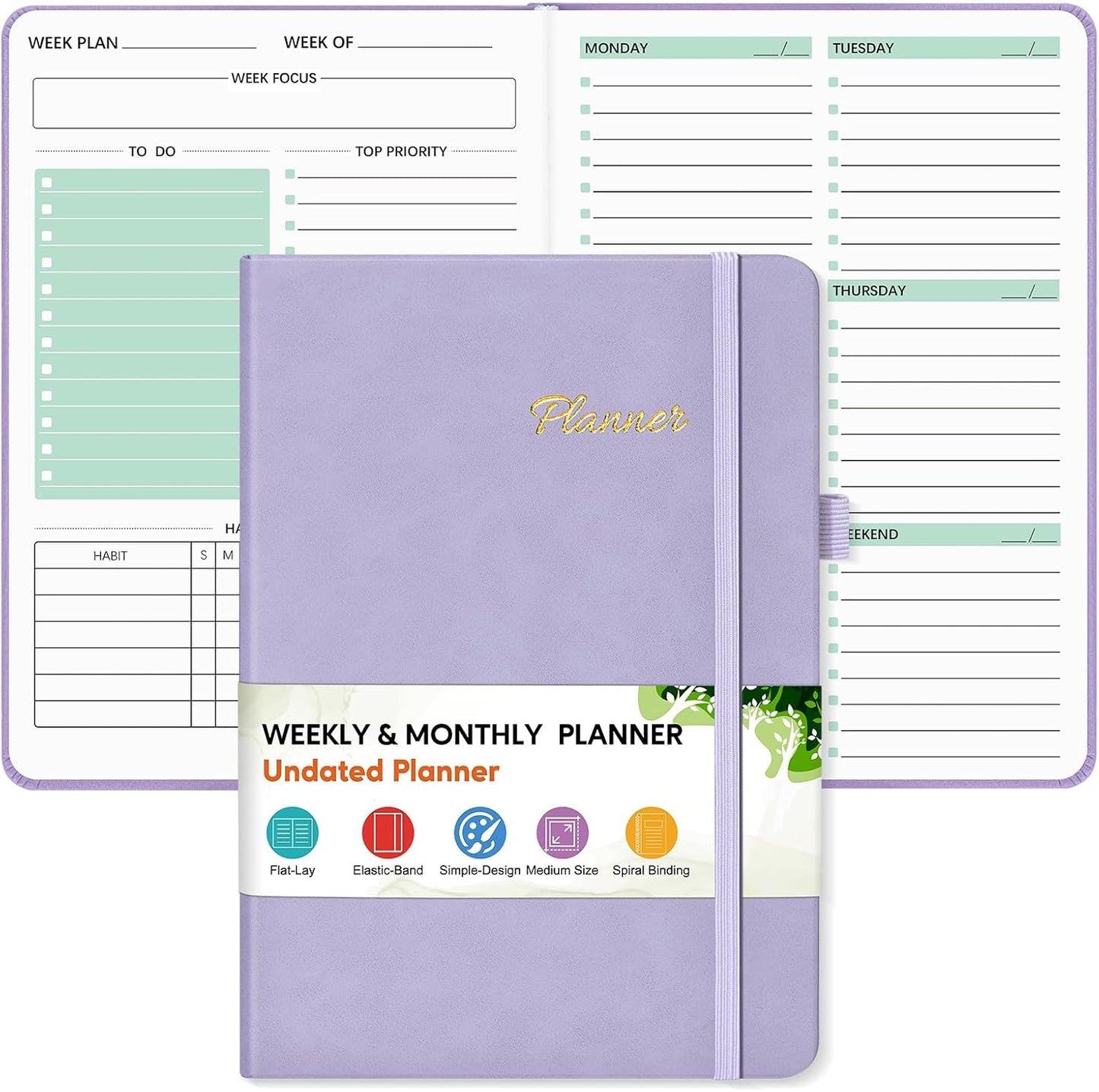 Undated Weekly and Monthly Planner, Hardcover Leather Calendar Blank Planner, Simplified To Do List Notebook with Goal & Habit Tracker Organizer, A5 Daily Weekly Planner for Work School Home, Black