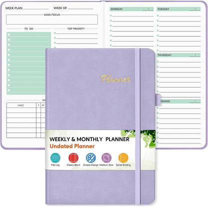 Undated Weekly and Monthly Planner, Hardcover Leather Calendar Blank Planner, Simplified To Do List Notebook with Goal & Habit Tracker Organizer, A5 Daily Weekly Planner for Work School Home, Black
