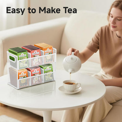 2 Tier Tea Bag Organizer, Mesh Tea Bag Holder with Handle, Teabag Holder, Tea Station Organizer for Countertop, Pantry, Kitchen, Cabinet -Black