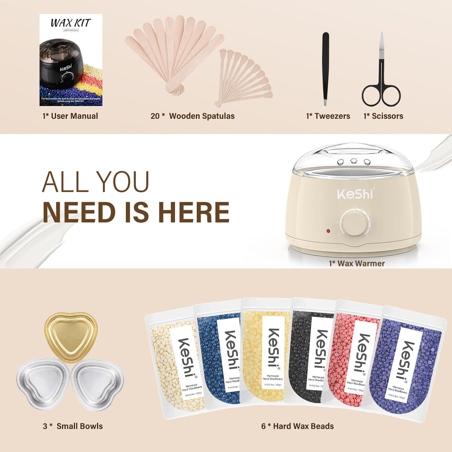 KeShi Waxing Kit, Painless Hair Removal Wax Warmer with 6 Bags Hard Wax Beans for Full Body, Legs, Face, Eyebrows & Bikini— Ideal for Both Women & Men