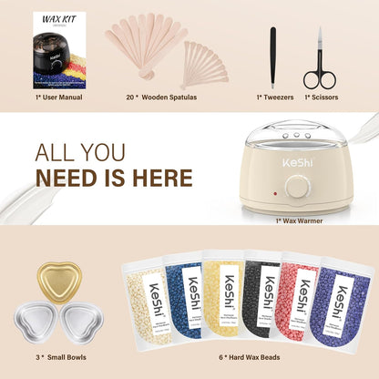 KeShi Waxing Kit, Painless Hair Removal Wax Warmer with 6 Bags Hard Wax Beans for Full Body, Legs, Face, Eyebrows & Bikini— Ideal for Both Women & Men