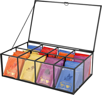 REDHUGO Glass Tea Bag Organizer, 8-Compartment Tea Storage Box, Gold