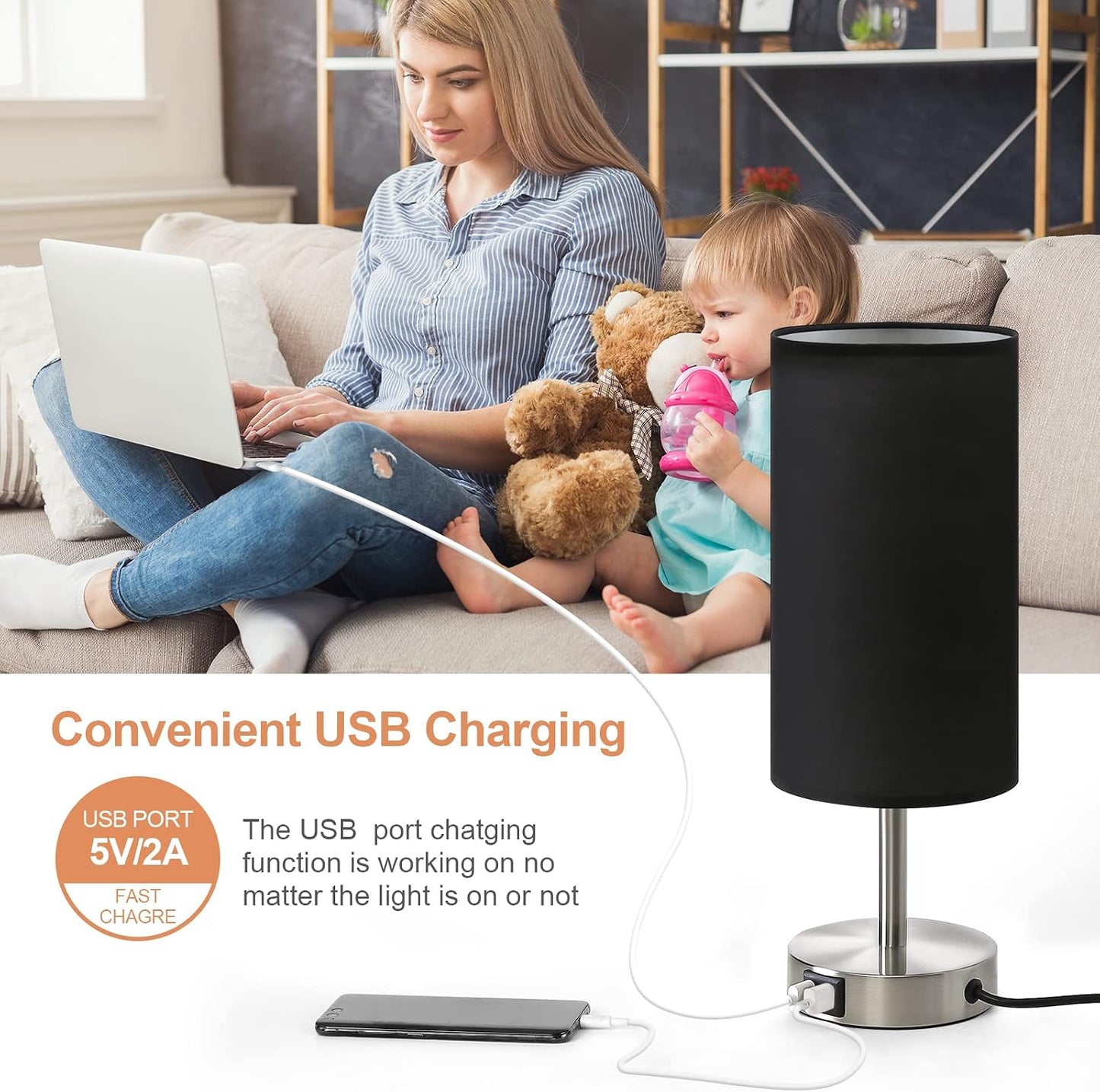 Yarra-Decor Bedside Table Lamp with USB Ports - Touch Control for Bedroom 3 Way Dimmable Nightstand Lamp with Round Fabric Shade for Living Room, Dorm, Home Office, Corded Electric, Without Battery