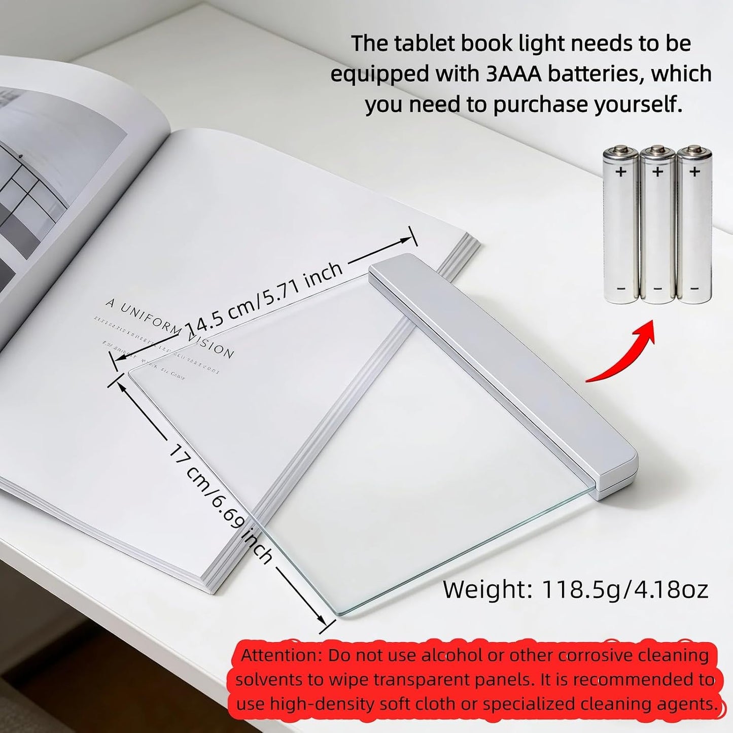 Book Light LED Flat Panel - Wireless Clip-On Eye-Care Page Light for Night Bed Reading, No-Glare Portable Reading Lamp for Students Adults, White