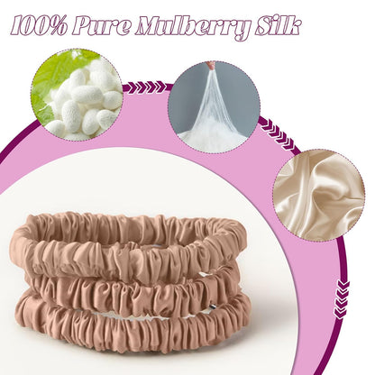 4Pcs Mulberry Silk Scrunchies Set, Silk Hair Ties Elastic for Women, Skinny Scrunchies Reduces Breakage for All Hair Types