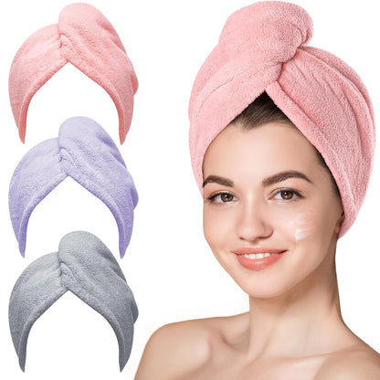 Hicober Microfiber Hair Towel Wrap, Fast Drying Hair Towels for Women, Soft Lightweight Quick Dry Turban for Curly & Long Hair–3 Pack(Blue/Grey/Pink)
