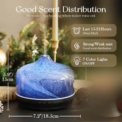 Porseme 500ml Glass Essential Oil Diffuser Aromatherapy Ultrasonic Cool Mist Humidifier 15-21 Running Hours Waterless Auto-Off Air Diffusers for Sleeping Yoga Working Spa(Light Blue)