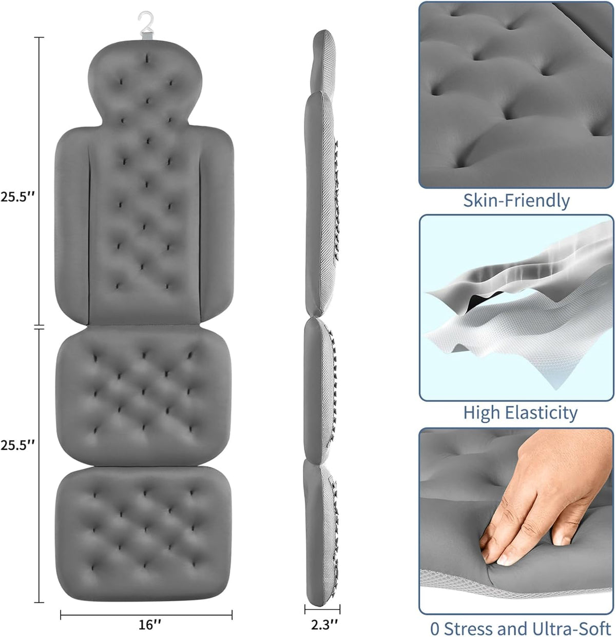 Luxury Bath Cushion, Full Body Bathtub Pillow with 160 Suction Cups, Bath Mat for Head and Neck Support, with Laundry Bag (Blue, 51" x 16")