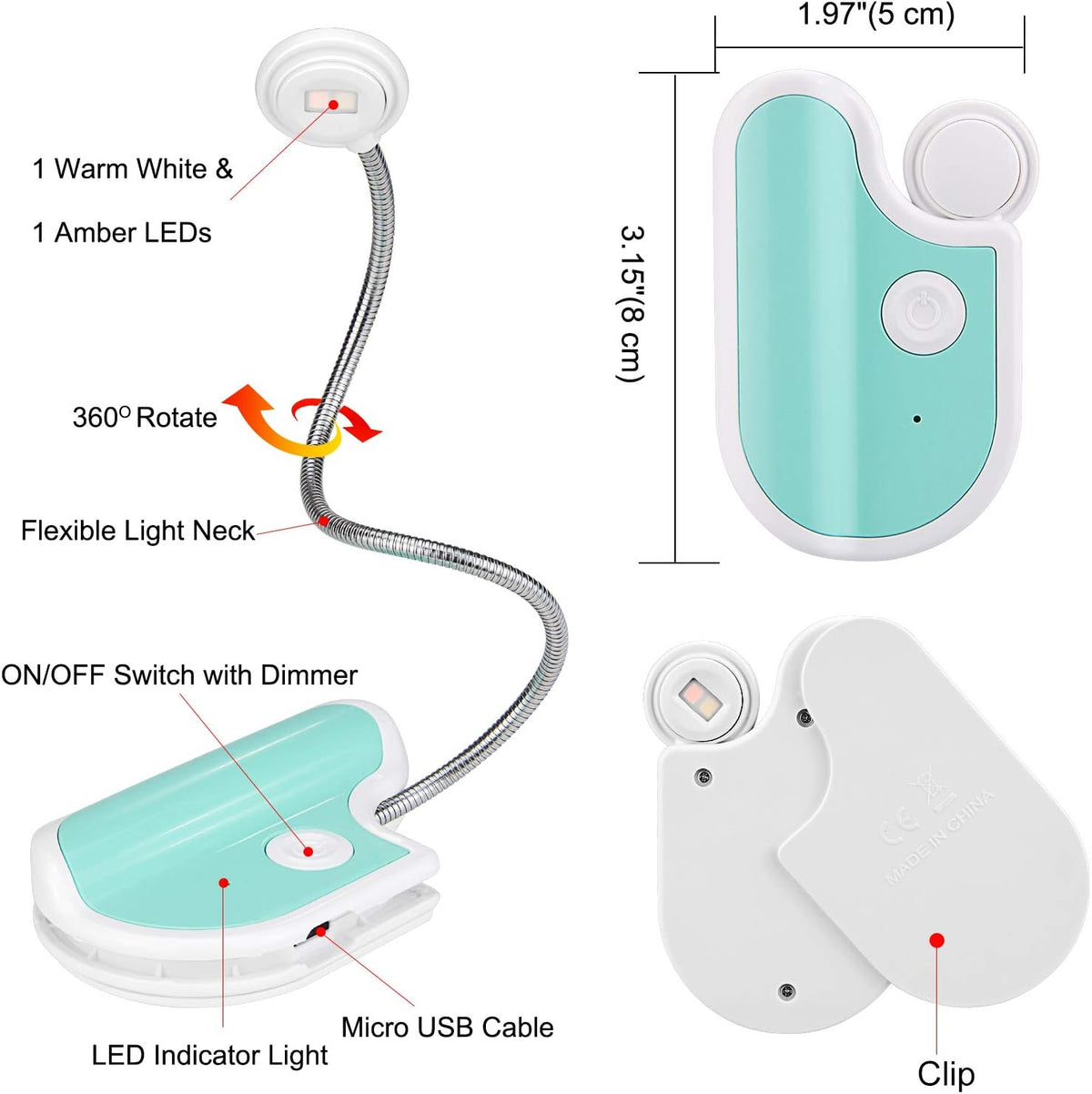 Amber Reading Light Rechargeable, Book Light Kids for Reading in Bed, Clip On Reading Book Light, 2 Lighting Modes, Blue Light Blocking for Eye-Care, Small Bookmark Light for Bookworm-Violet