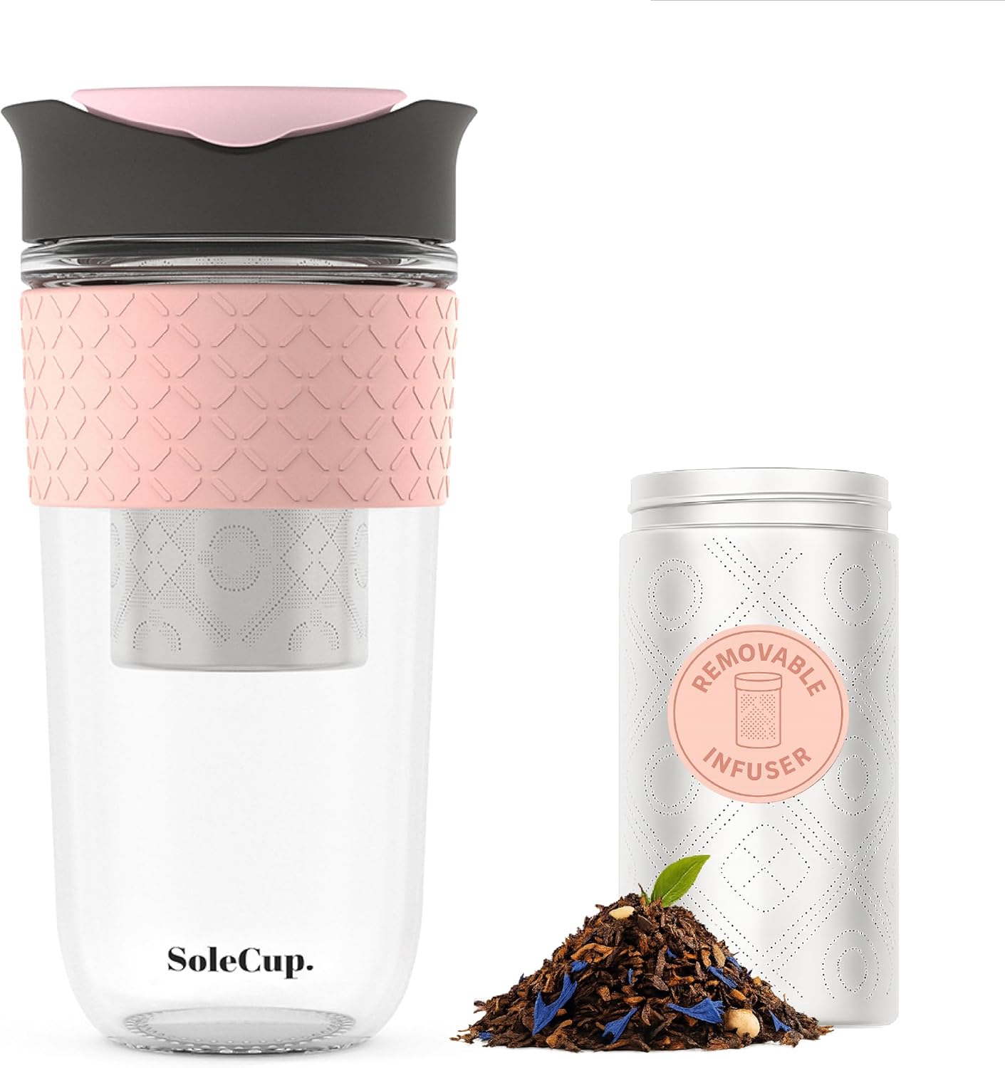Large Travel Mug Loose Tea Infuser - Detachable Tea Strainer with Spill Proof Lid - 18oz/530ml BPA-Free Reusable Glass Travel Coffee Cup with Silicone Band (Ice Cream, 18oz)