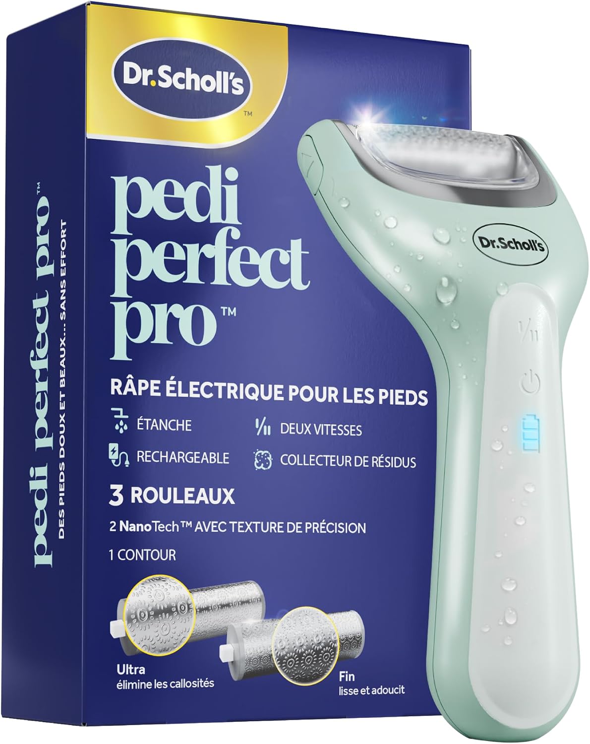 Dr. Scholl's Pedi Perfect Electric Foot Callus Remover, Waterproof, Rechargeable with x2 Roller Heads, Removes Hard Skin for Soft Beautiful Feet, 90 Minute Run Time, Dust Catcher, Pedicure Tools