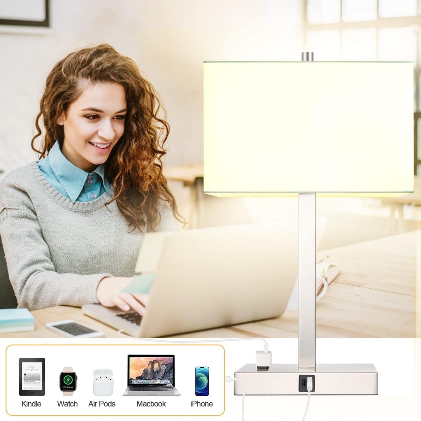 21" Touch Bedside lamps with 2 USB & AC Outlets, 3-Way Dimmable Bedside Table Lamps Set of 2 for Bedroom Living Room Office Reading, Gray Shade Lamps for Night Stands, 5000K LED Bulbs Included
