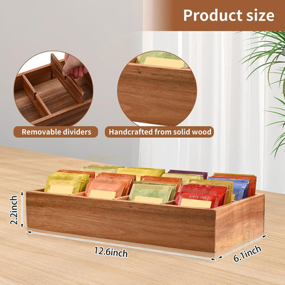 Acacia Wood Tea Bag Organizer with 8 Slots – Tea Bag Holder and Tea Organizer, Sugar Packet Storage for Countertops