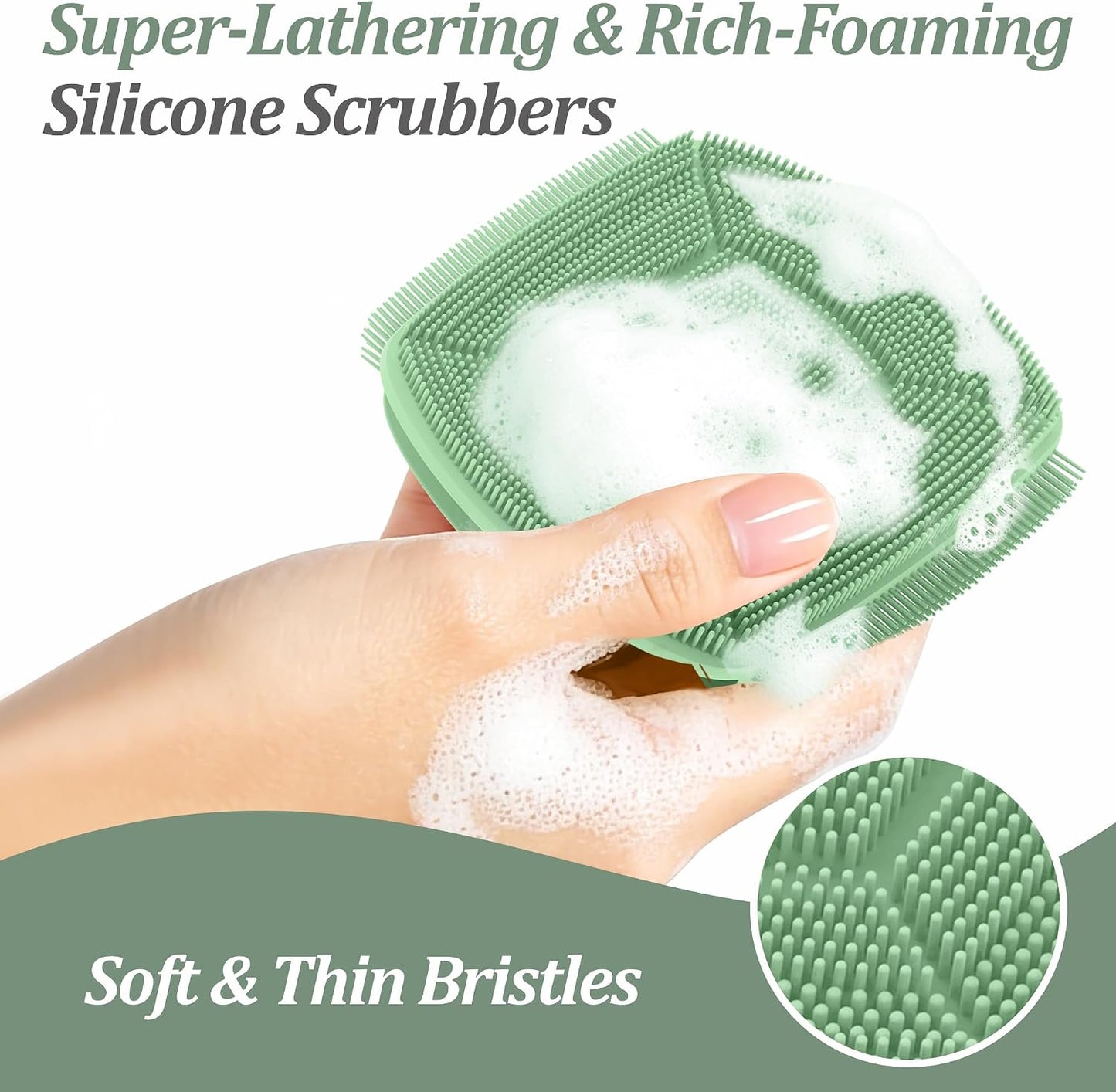 Silicone Back Scrubber & Bath Glove Set 2PCS, 13.4'' Gentle Shower Back Scrubber with Dual-Side Head Non-Slip Handle, 360° Anti-Slip Hand-fit Bath Glove for Rich Foaming Deep Cleaning(Black)