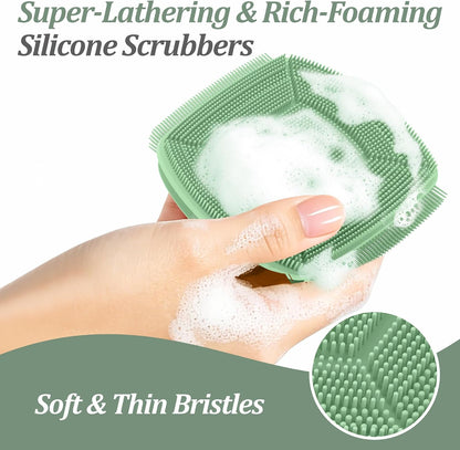 Silicone Back Scrubber & Bath Glove Set 2PCS, 13.4'' Gentle Shower Back Scrubber with Dual-Side Head Non-Slip Handle, 360° Anti-Slip Hand-fit Bath Glove for Rich Foaming Deep Cleaning(Black)