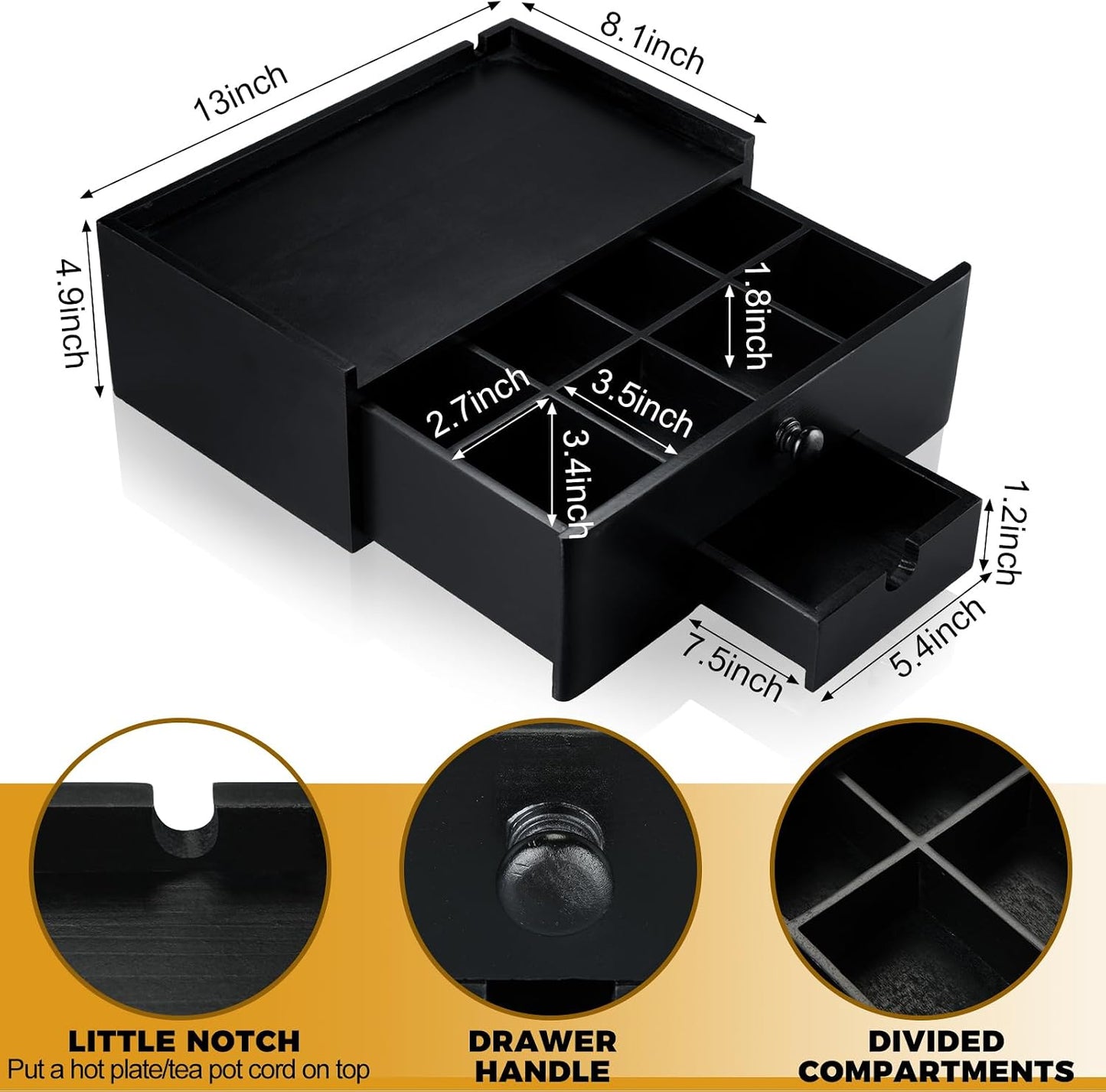Cinnvoice Tea Bag Organizer Wooden Tea Storage Box, Black