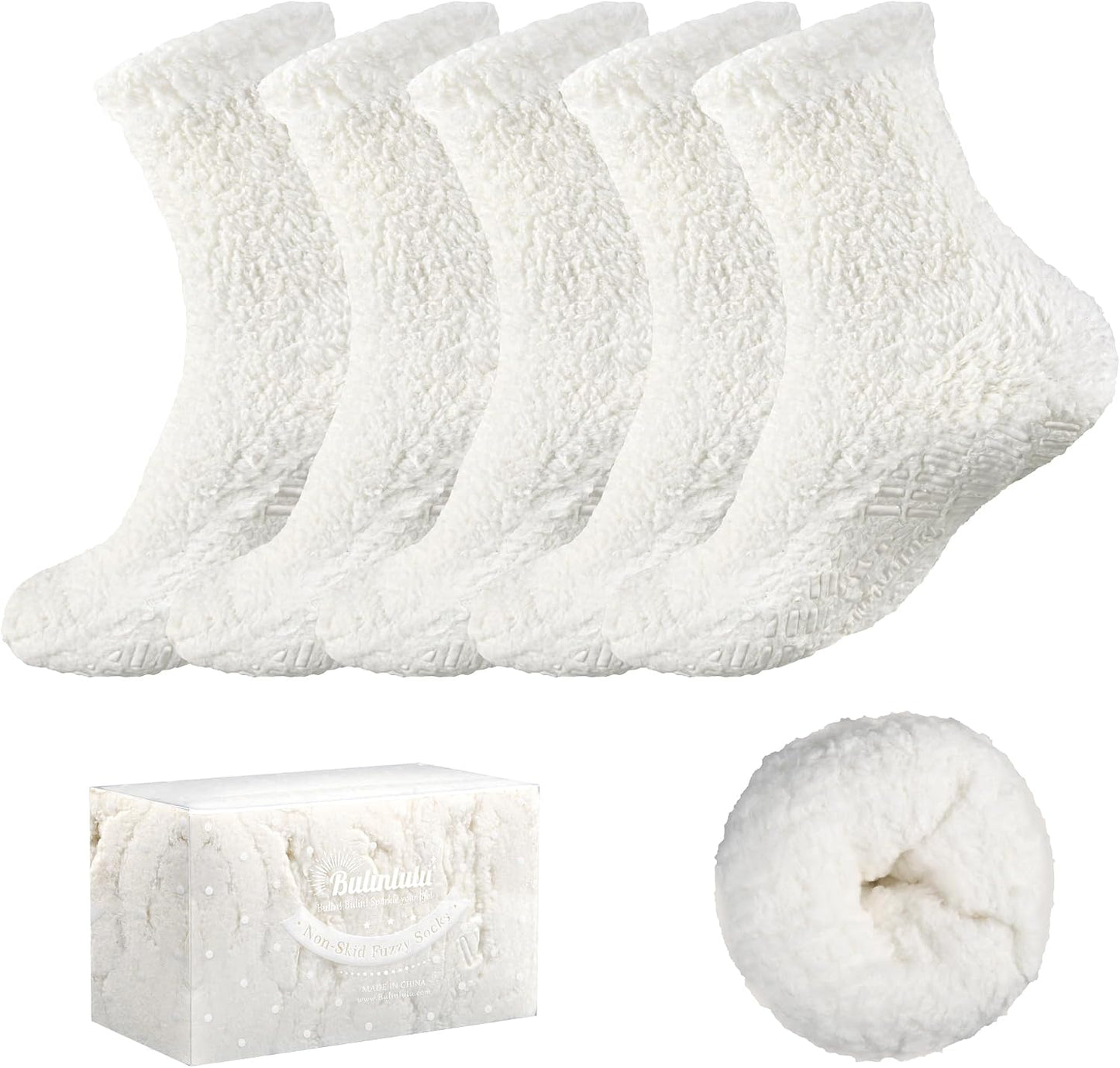 Bulinlulu Fuzzy Socks With Grips for Women, 5 Pairs Non Slip Sleep Warm Fluffy Slipper Socks Gifts for Women