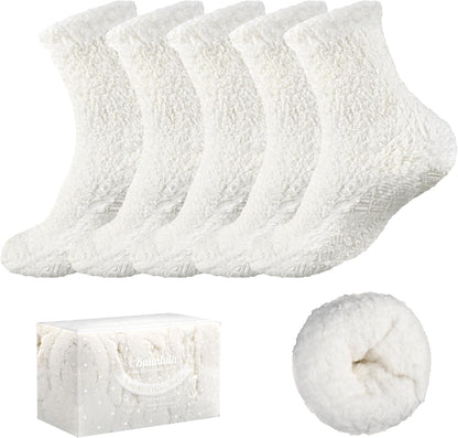 Bulinlulu Fuzzy Socks With Grips for Women, 5 Pairs Non Slip Sleep Warm Fluffy Slipper Socks Gifts for Women