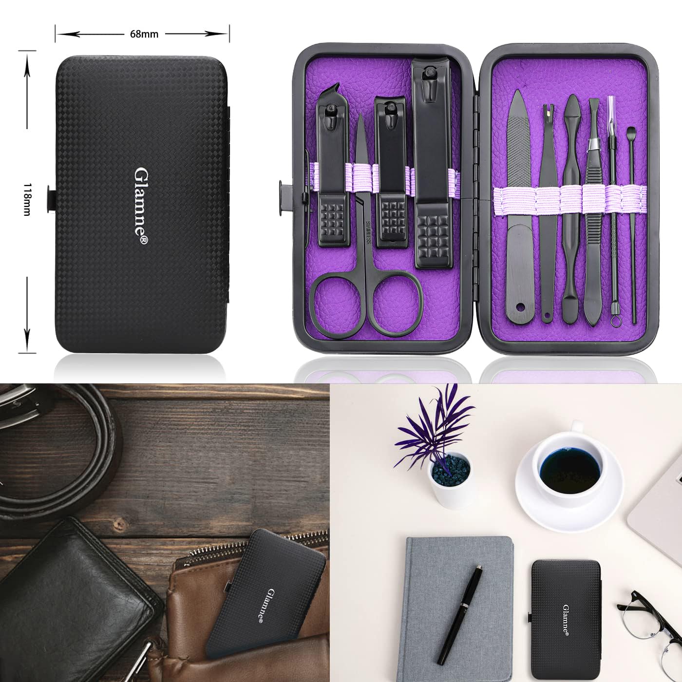 Glamne Manicure Set Nail Clippers Kit Professional Stainless Steel Nail Care Tools with Leather Travel Case 10 in 1 Black