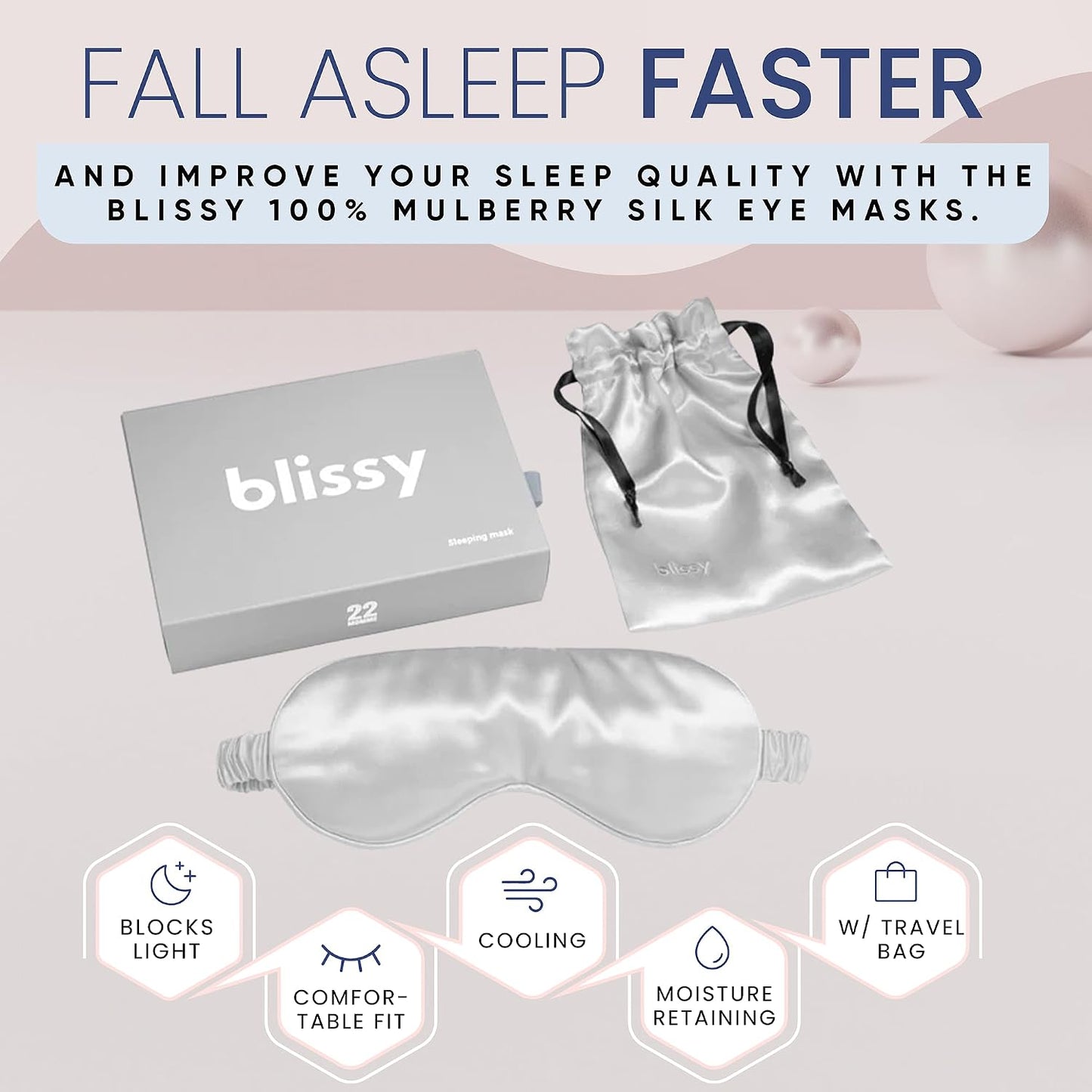 Blissy Silk Sleep Mask - Eye Sleeping Mask for Women & Men for Total Blackout - 100% Pure Mulberry Silk, 22 Momme 6a Fibers - Blindfold Sleep Mask Side Sleeper Eye Cover (Non Adjustable)