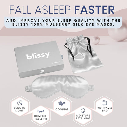 Blissy Silk Sleep Mask - Eye Sleeping Mask for Women & Men for Total Blackout - 100% Pure Mulberry Silk, 22 Momme 6a Fibers - Blindfold Sleep Mask Side Sleeper Eye Cover (Non Adjustable)