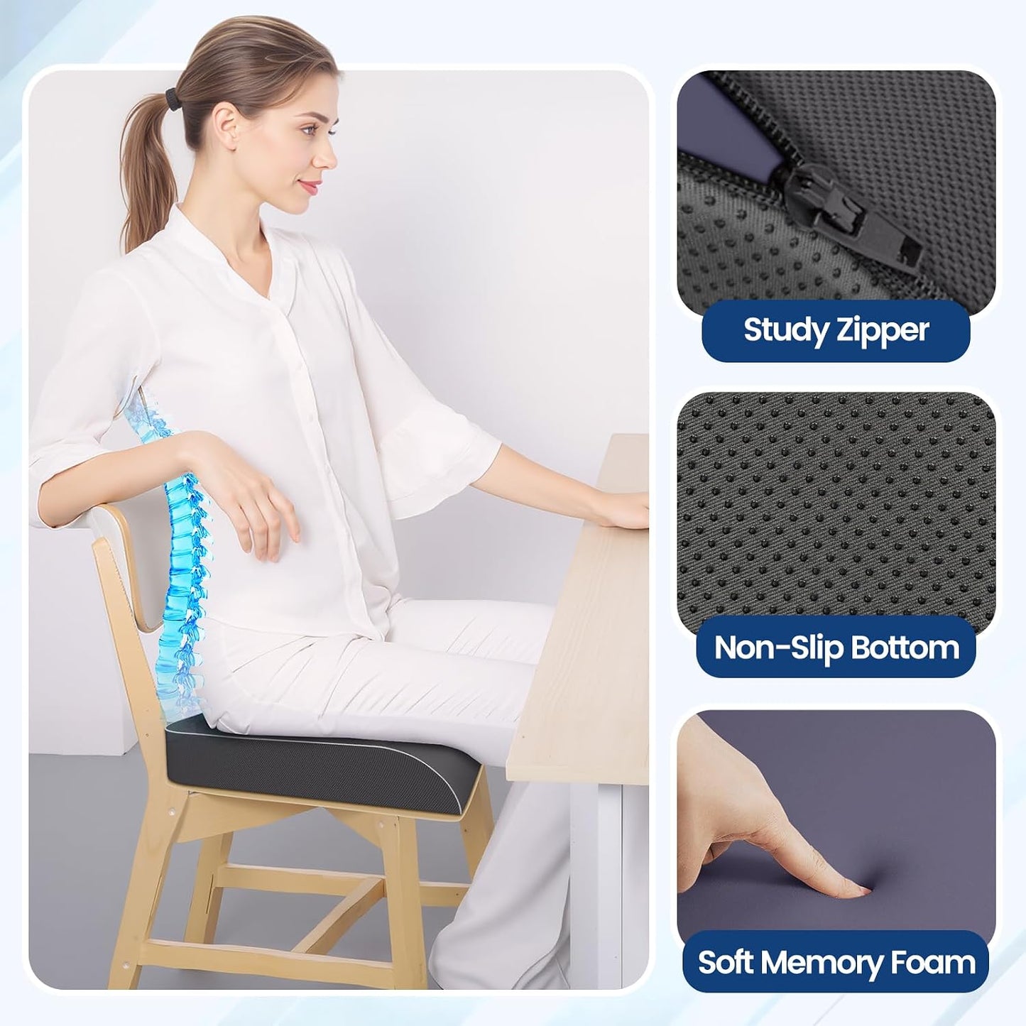 SweetSlubr Seat Cushion for Tailbone Pain Relief, Office Chair Cushion, Chair Pad, Memory Foam Large Cushion with Non-Slip Cover for Soft Support at Office Chair, Car Seat, Airplane, Black/Large