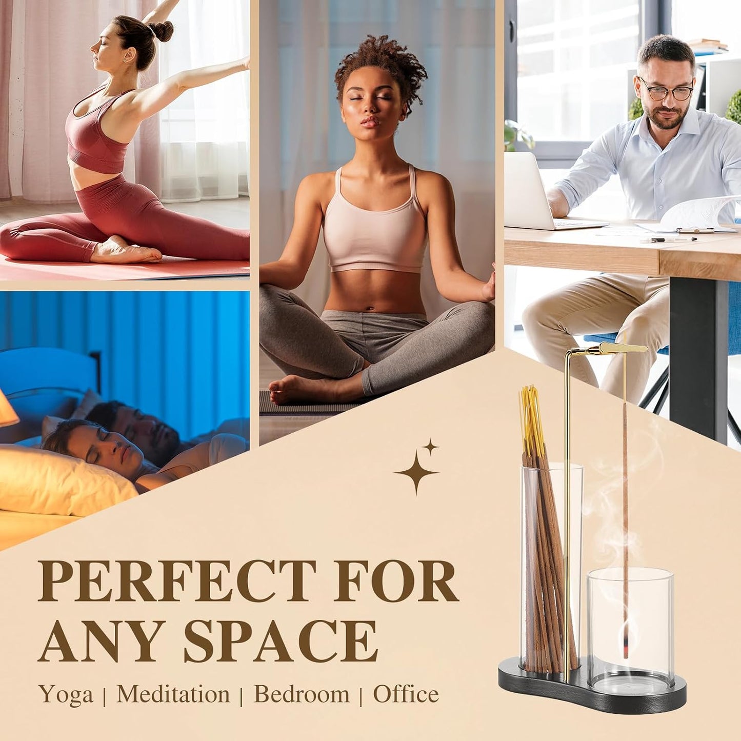 2 in 1 Incense Holder for Sticks with Glass Ash Catcher, Upside Down Anti-Ash Incense Stick Burner, Modern Vertical Incense Holder for Yoga, Spa, Meditation and Home Decor （Black）