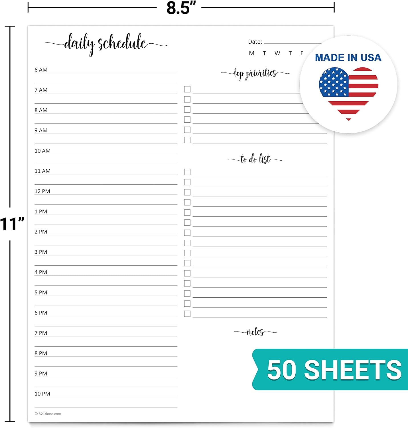 321Done Daily Schedule Planning Notepad - 5.5x8.5 Hourly Appointment Daily Planner To Do Checklist, 50 Sheets Tear-Off Note Pad - Made in USA