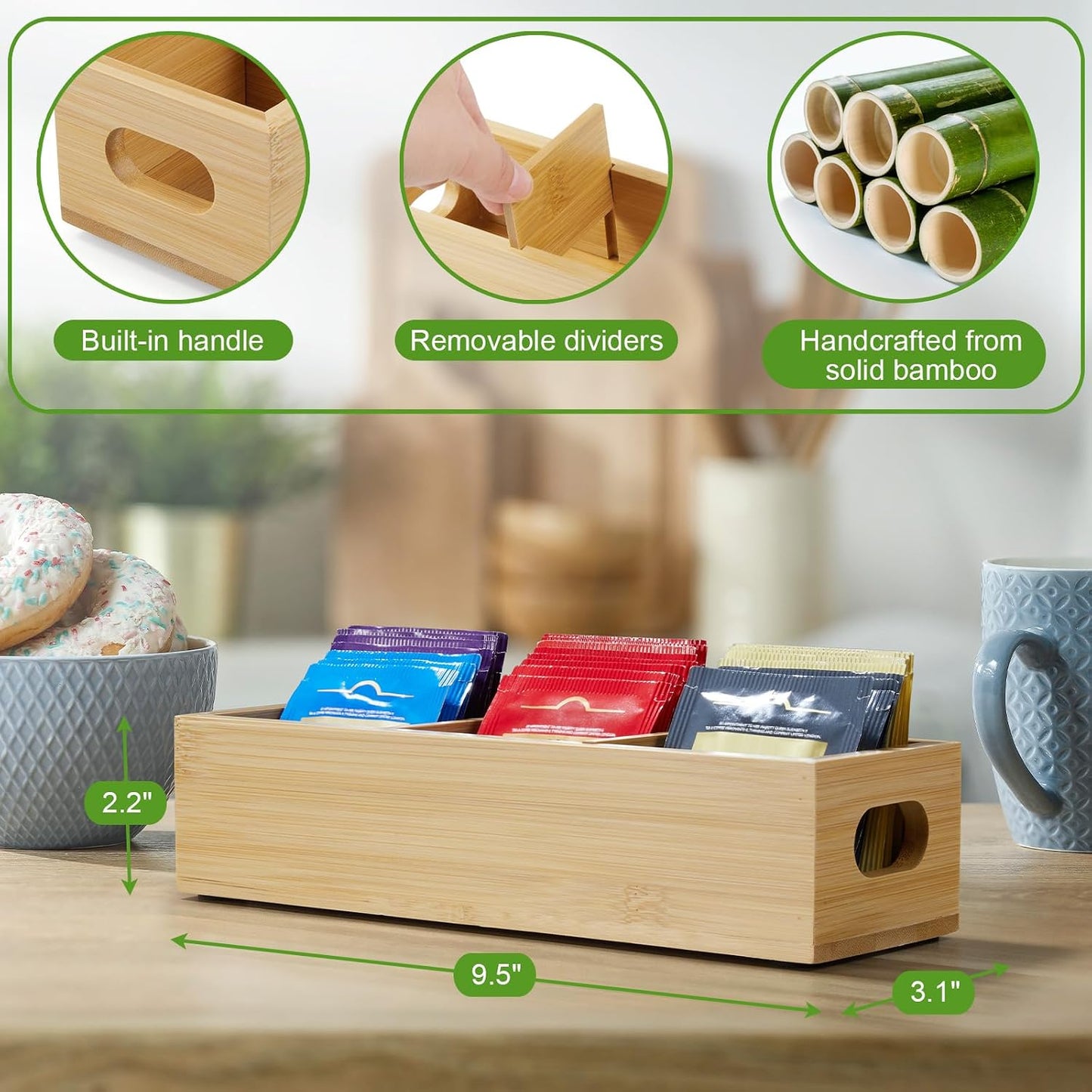 DRASTAR Tea Bag Organizer, Acacia Tea Bag Holder, Tea Storage Containers with 3 Slots, Wooden Tea Storage Accessories, Mini Tea Bag Caddy Box for Countertop
