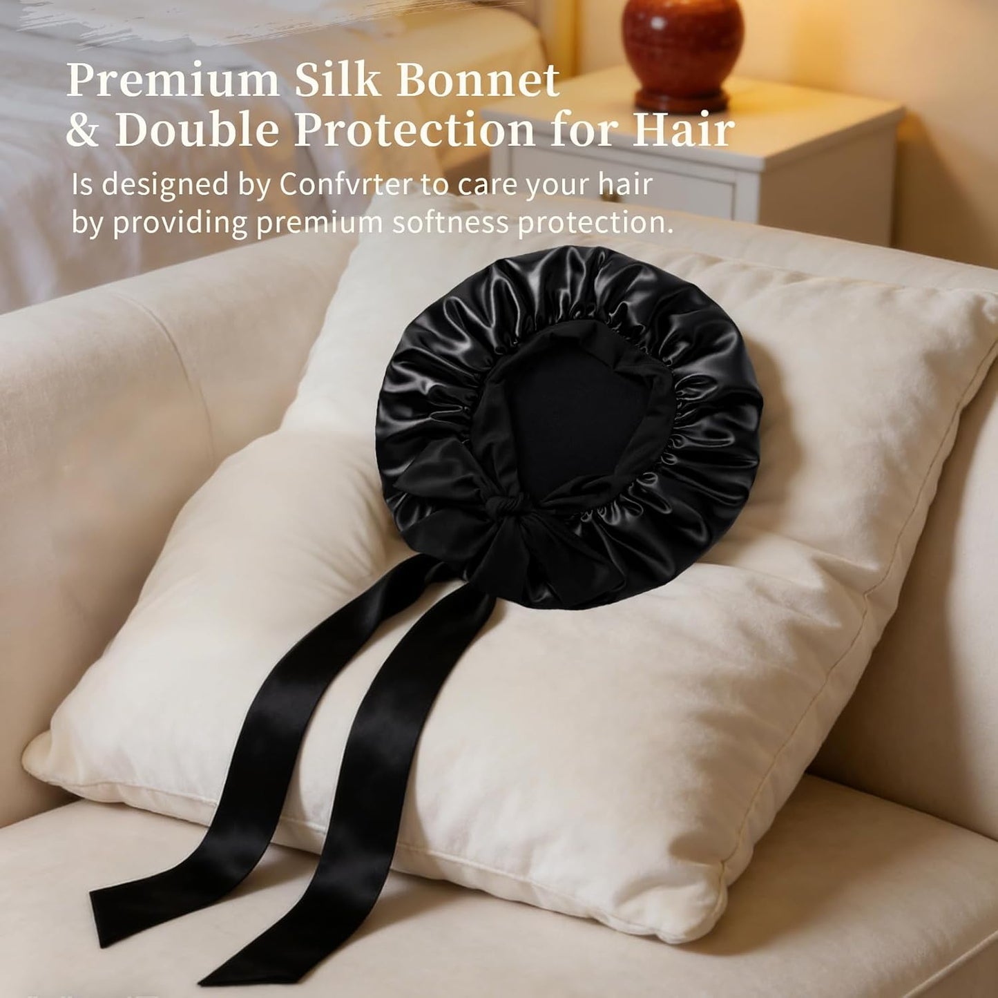 Silk Bonnet Satin Bonnet for Sleeping Large Bonnets with Tie Band Hair Wrap with Adjustable Straps Hair Cap for Women Curly Black