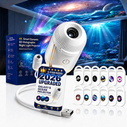 HD Smart Dynamic 5D Holographic Night Light Projector, Plug and Play 2-in-1 Galaxy Star and Ocean Projector with 24 Films, 360 Rotating USB Powered Ceiling Light for Bedroom Decor (With 3 Films)