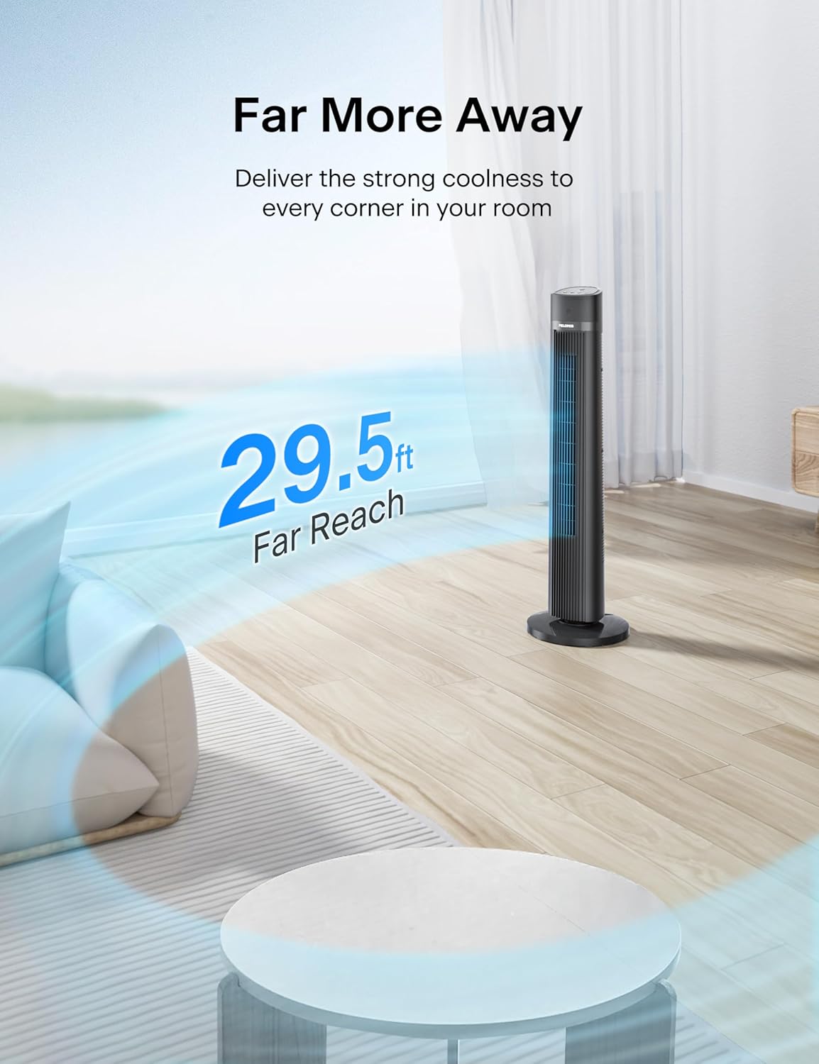 PELONIS 40 inch Bladeless Tower Fan for Bedroom, Standing Fan with Remote Control, 26ft/s, 90° Oscillation, 3 Speed Settings, 27dB, 3 Modes, 15-Hour Timer, LED Display, Fan that Blows Cold Air, White