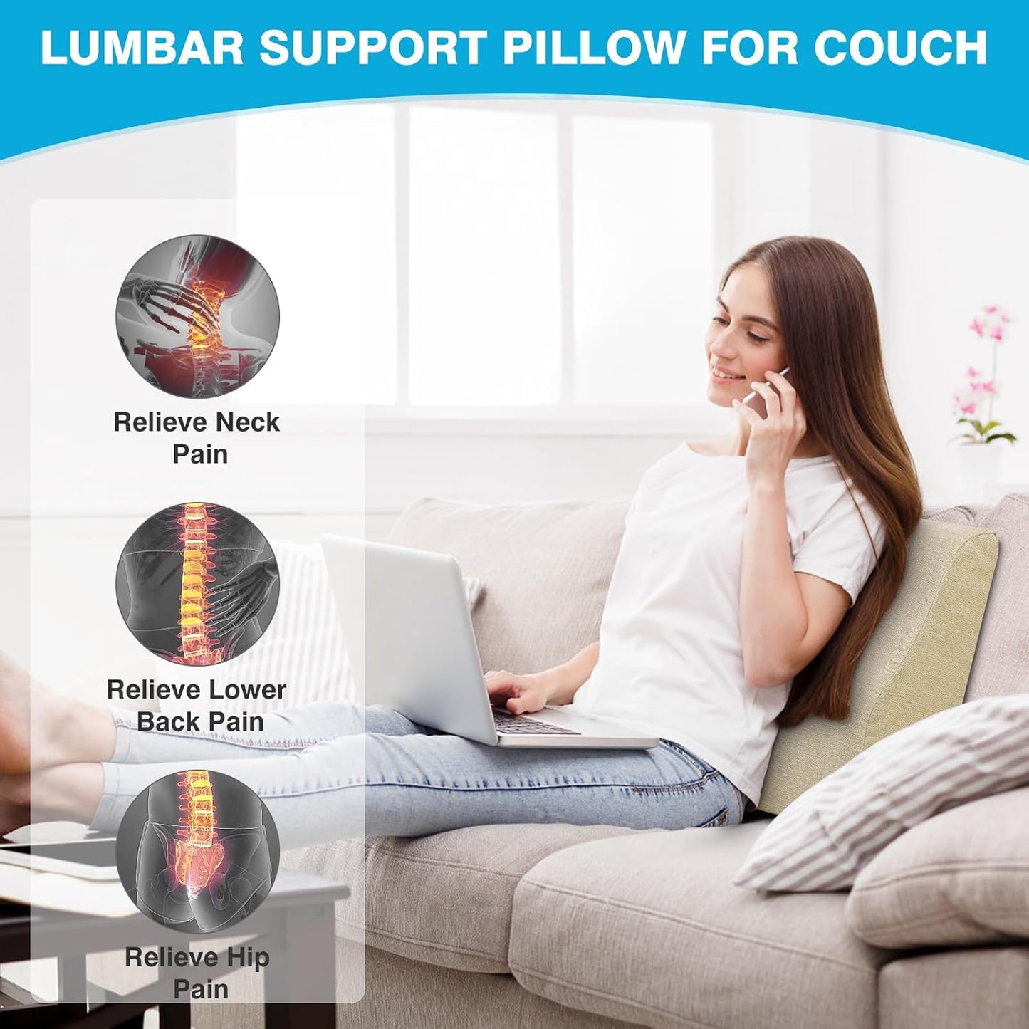 Back Support Pillow for Recliner Dual Layer Lumbar Support Pillow with Gel Memory Foam Ergonomic Orthopedic Couch Lumbar Cushions for Elderly Lower Back Pain Relief Washable Cover Brown
