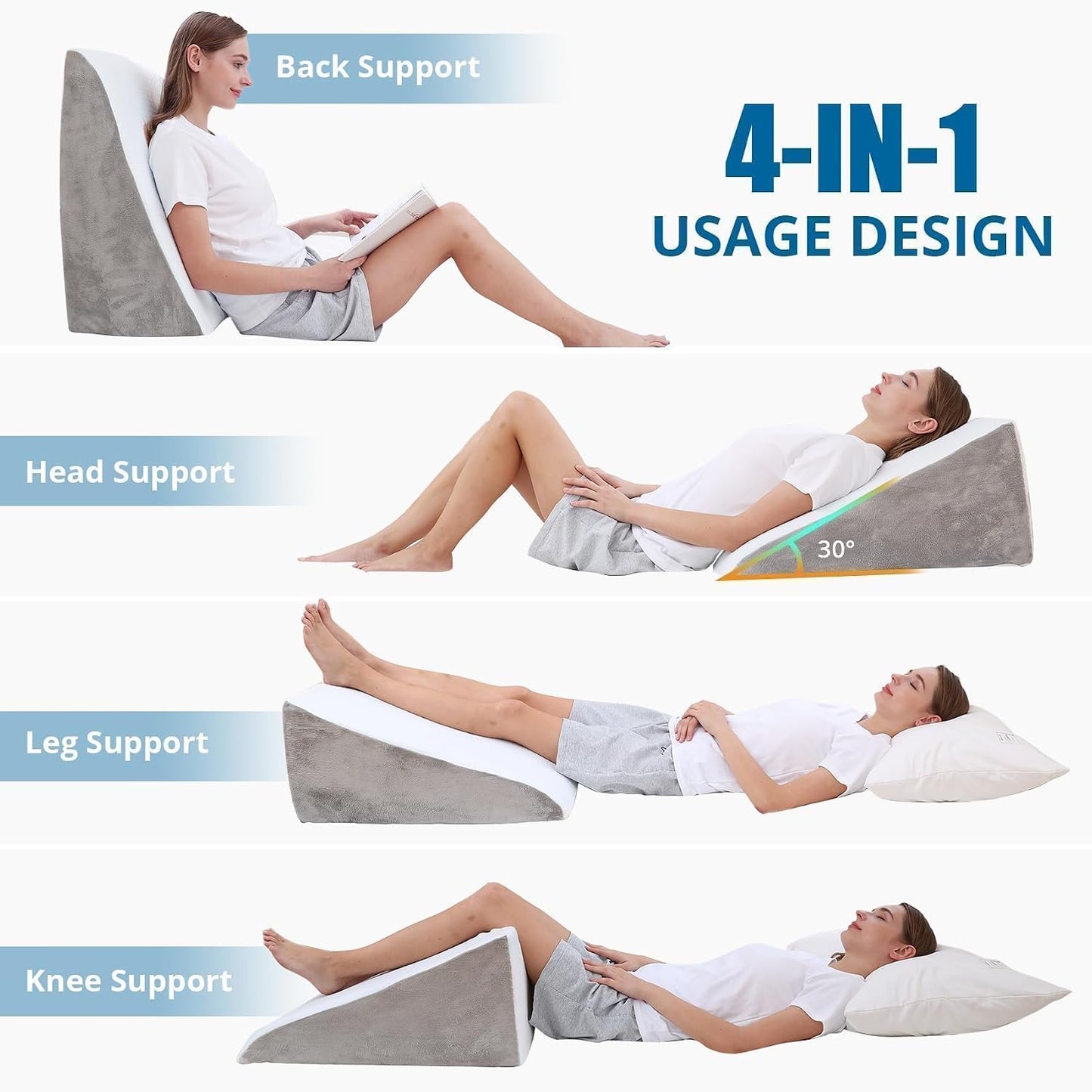 Sasttie Wedge Pillow 24x24x12 inch, Memory Foam Bed Wedge, Cool Grey