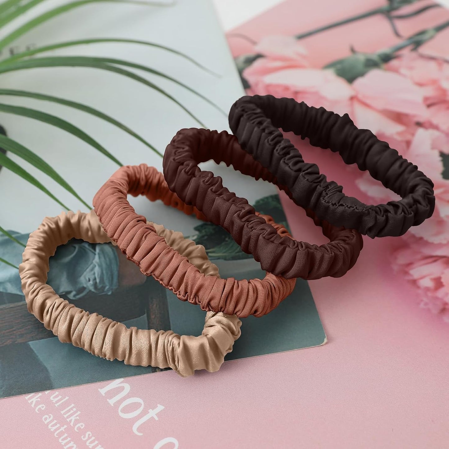 4Pcs Mulberry Silk Scrunchies Set, Silk Hair Ties Elastic for Women, Skinny Scrunchies Reduces Breakage for All Hair Types