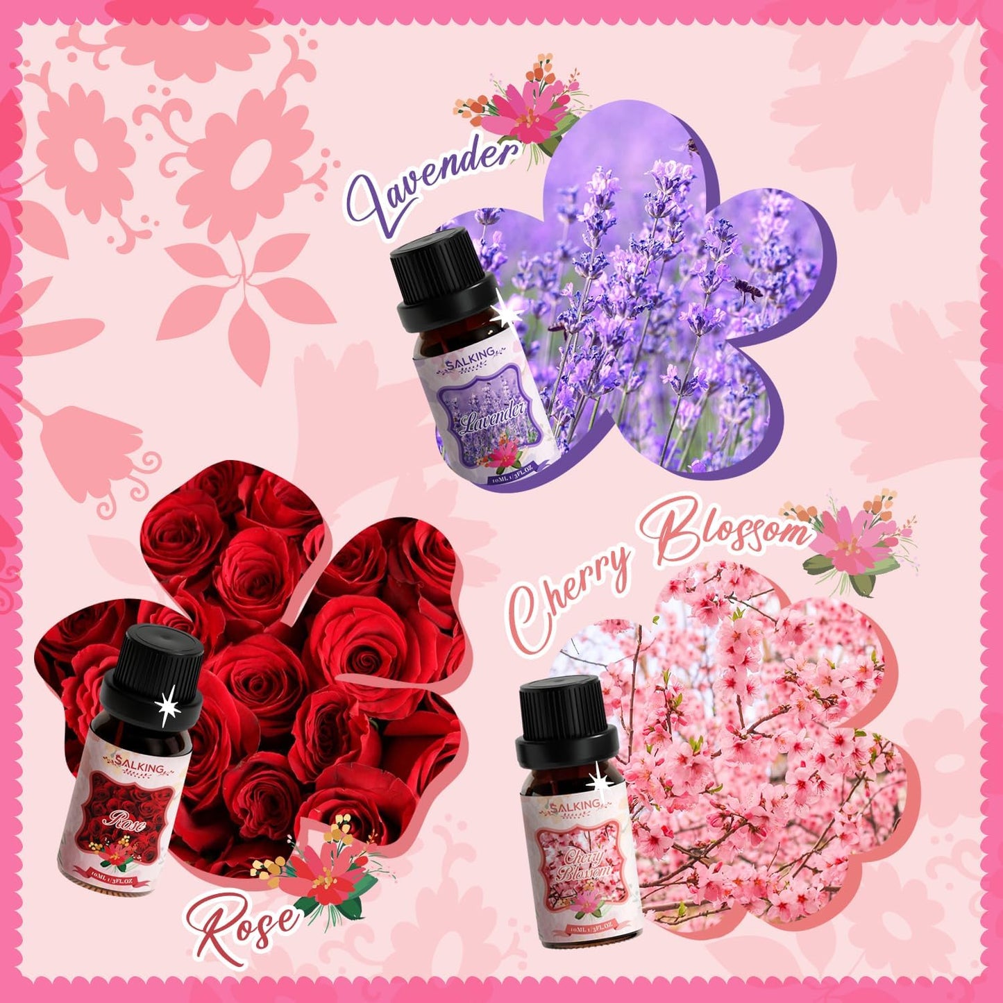 SALKING Floral Essential Oils Set, Premium Pure and Natural Essential Oils, Fragrance Oil Scented Oils for Oil Diffusers 6 x 10 ML - Lavender, Rose, Jasmine, Cherry Blossom, Gardenia, Chamomile