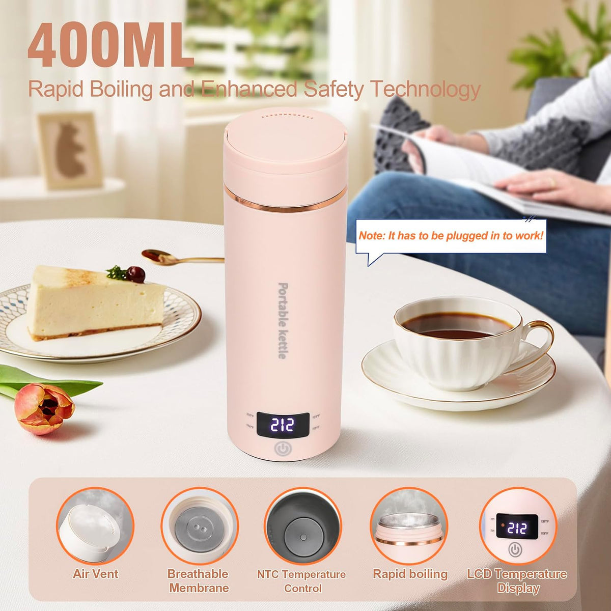 Touxila Portable Electric Kettle for Travel 120V, 13.5oz, 4 Temp Settings