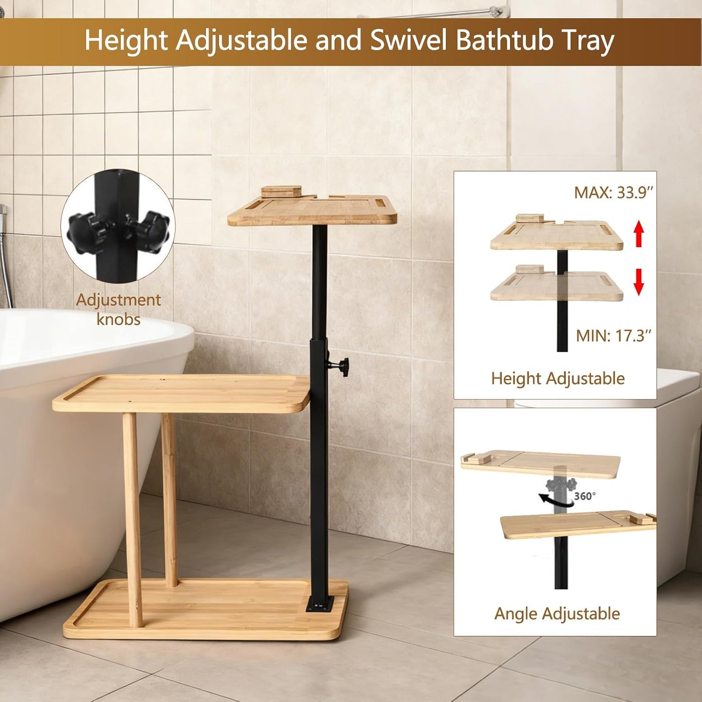 3 Layer Bathtub Tray Table,Bamboo Swivel Bathtub Side Table Height Adjustable,Freestanding Bathtub Tray for Tub Against Wall,Bathtub Accessories&Bathroom Organizer for Luxury Home Spa (Black)