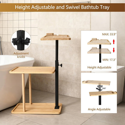 3 Layer Bathtub Tray Table,Bamboo Swivel Bathtub Side Table Height Adjustable,Freestanding Bathtub Tray for Tub Against Wall,Bathtub Accessories&Bathroom Organizer for Luxury Home Spa (Black)
