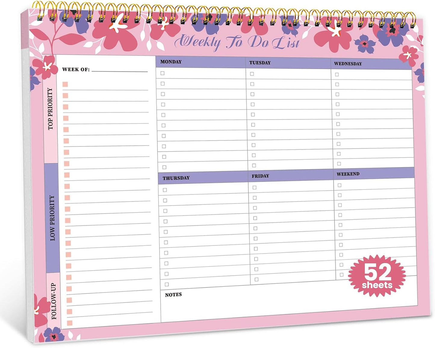 Weekly To Do List Notepad with 52 Undated Sheets（8.5"×11"）- Undated Weekly Planner Notepad for Office Desk Accessories and Supplies - Sunshine Petal