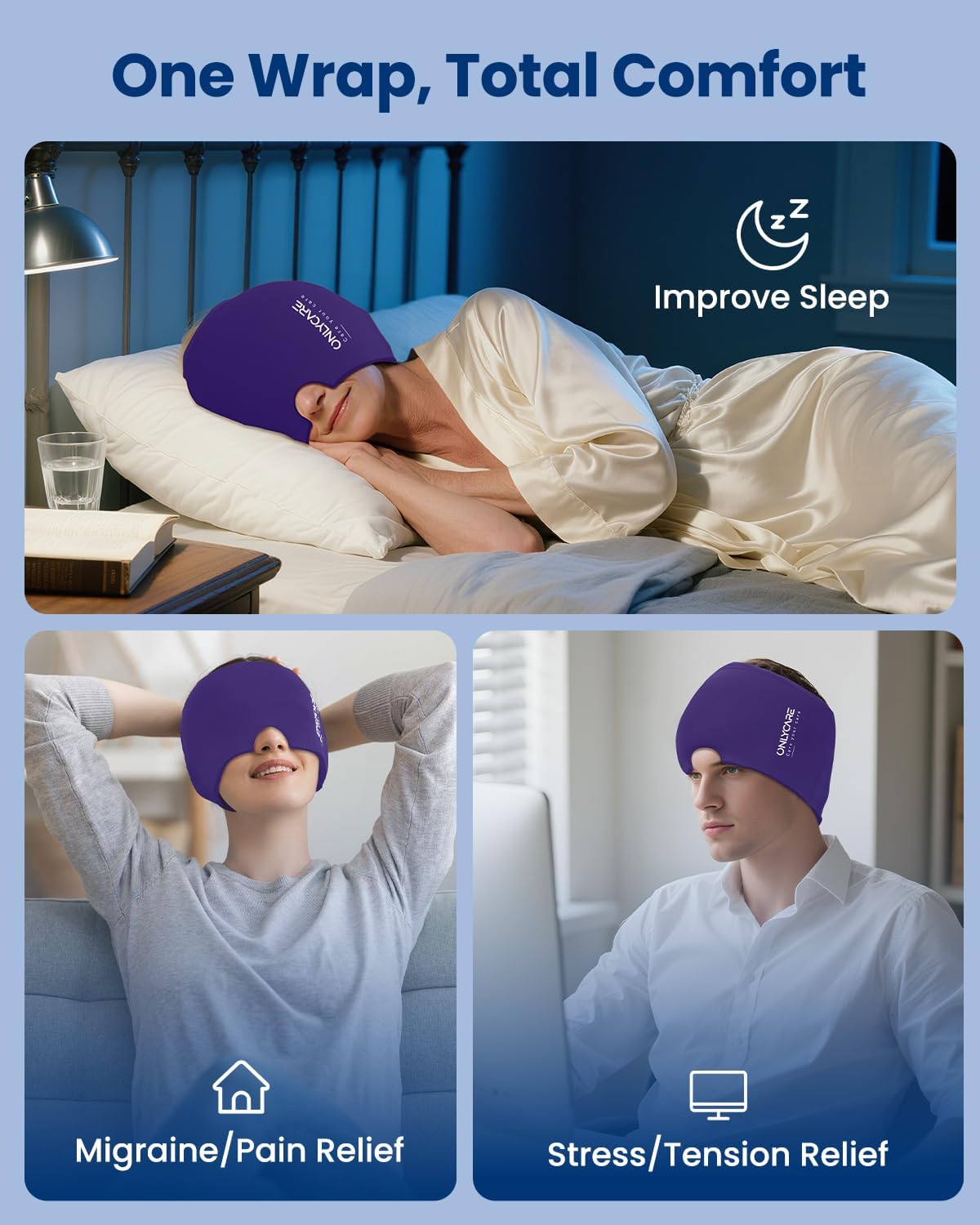 ONLYCARE Migraine Relief Cap, Upgraded Headache Relief Cap with Odorless Reusable Gel Head Wrap, Soothing Face Ice Pack Mask Products with Hot & Cold Therapy for Tension, Stress, Hangover & Puffy Eyes