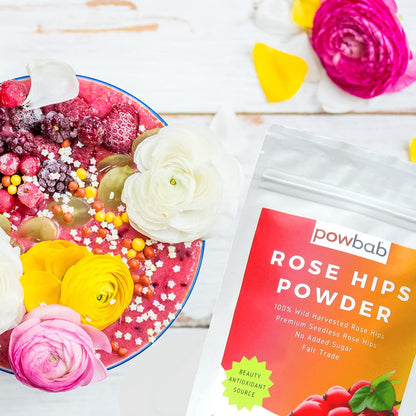 powbab Rose Hips Powder from 100% Wild Organic Rosehip. Premium Rosa Rubiginosa. Seedless Ground Rosehips from Whole Dried Rose Hips. No Added Sugar. Fair Trade (3.5 oz)