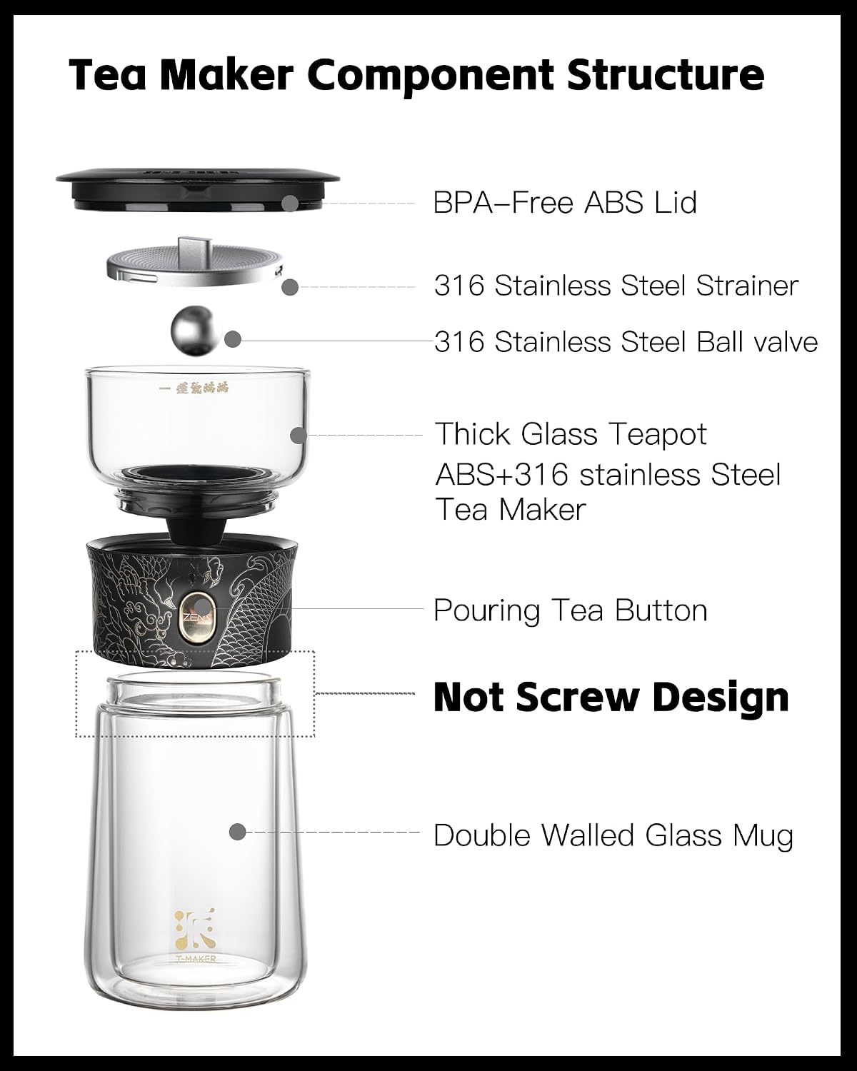 ZENS Modern Glass Infuser Teapot, One Touch Tea Maker for Loose Leaf Tea with Insulated Mug and Portable Case. Enchanted Pot Alternatives for Tea Lover Gifts