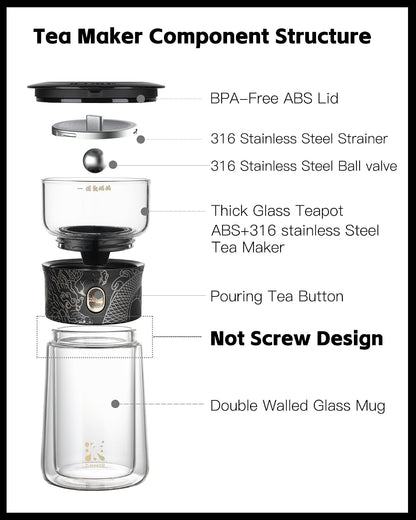 ZENS Modern Glass Infuser Teapot, One Touch Tea Maker for Loose Leaf Tea with Insulated Mug and Portable Case. Enchanted Pot Alternatives for Tea Lover Gifts
